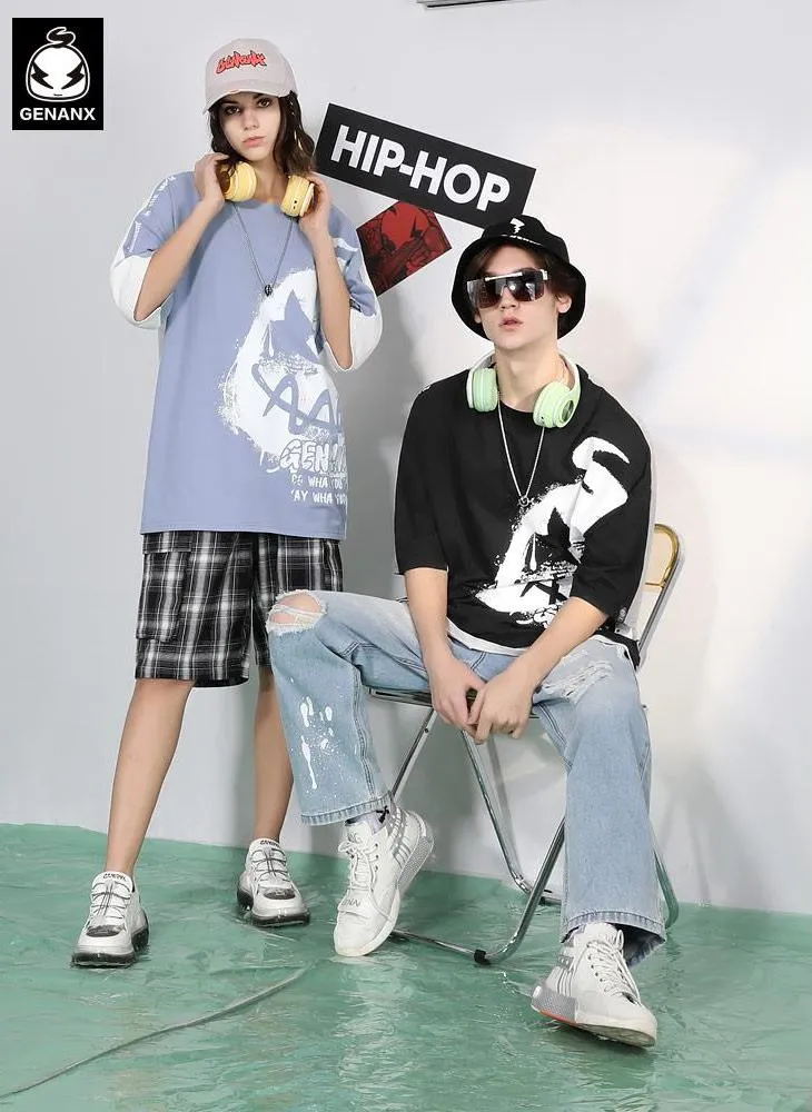 Contrast Color Cartoon Letter Print Split Round Neck T-Shirt