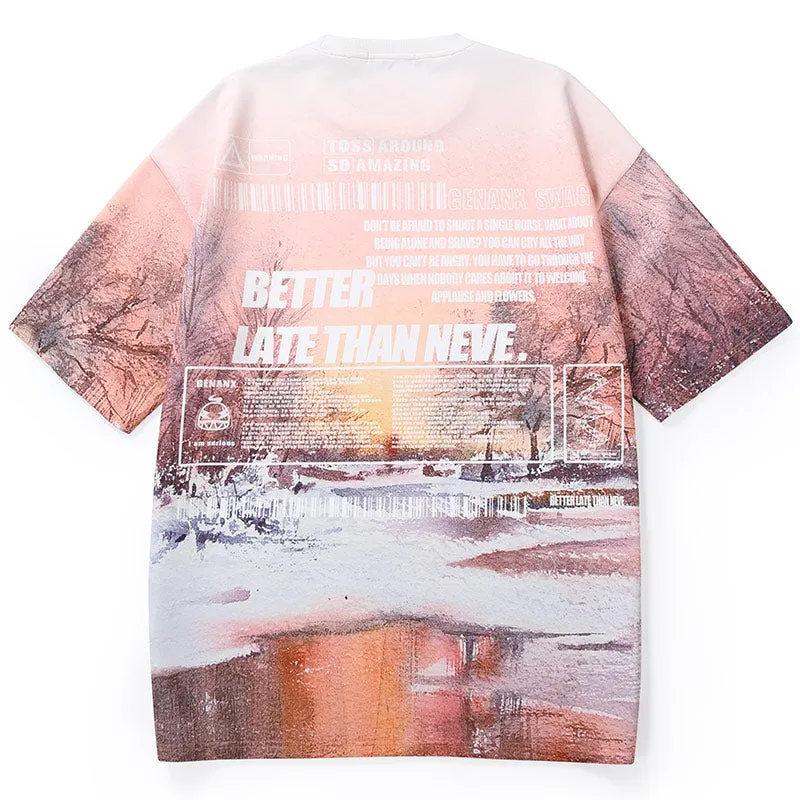 Snow Dusk Letter Print Space Cotton T-Shirt